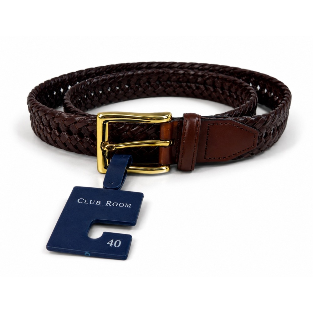 NWT Club Room Mens 40‎ Braided Belt Brown Woven Faux Leather Gold Buckle Casual
